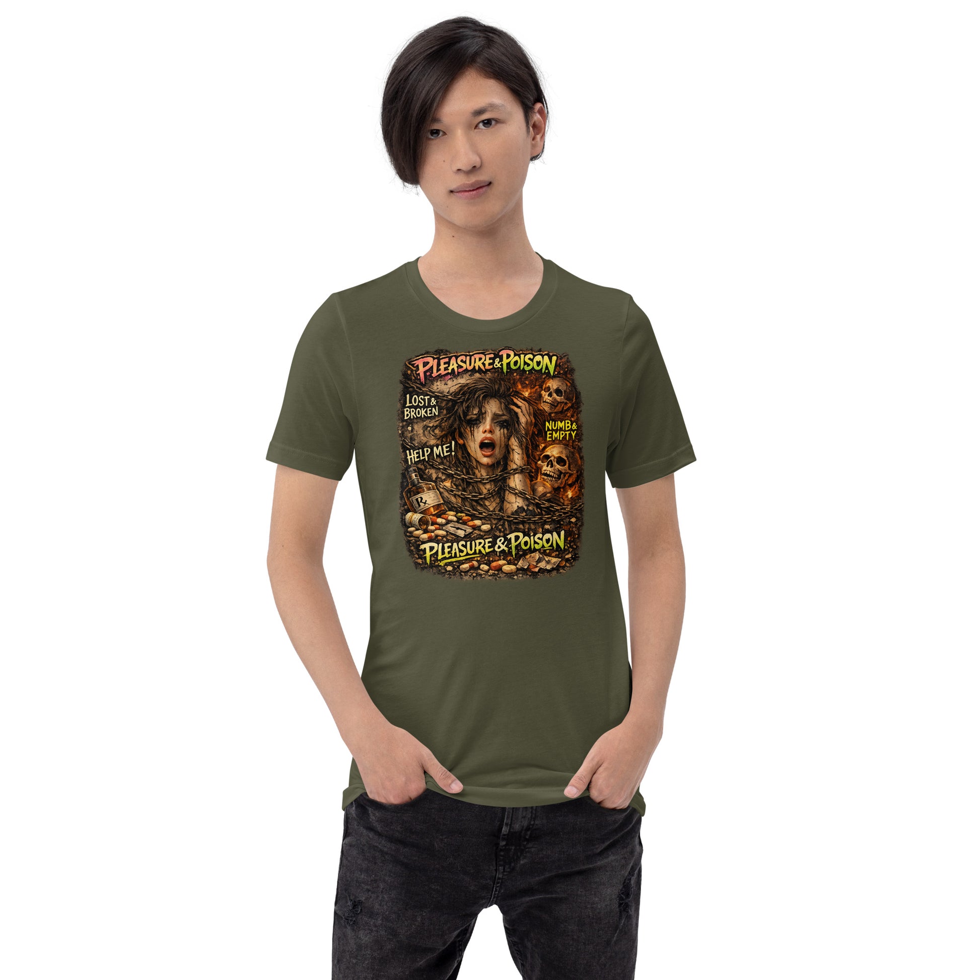 Model wearing Pleasure & Poison T-Shirt with dark mental health streetwear styling