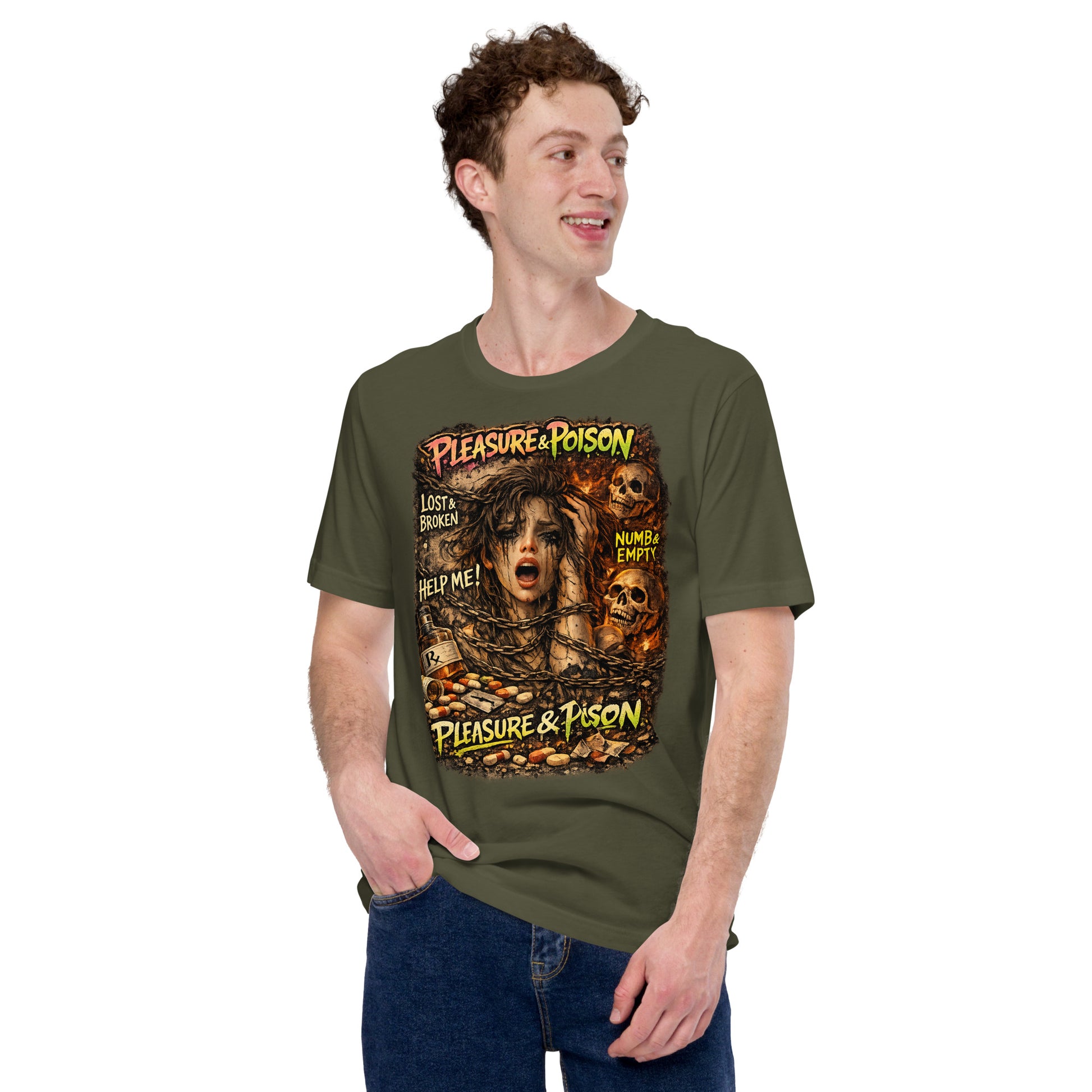 Model wearing Pleasure & Poison T-Shirt with dark mental health streetwear styling