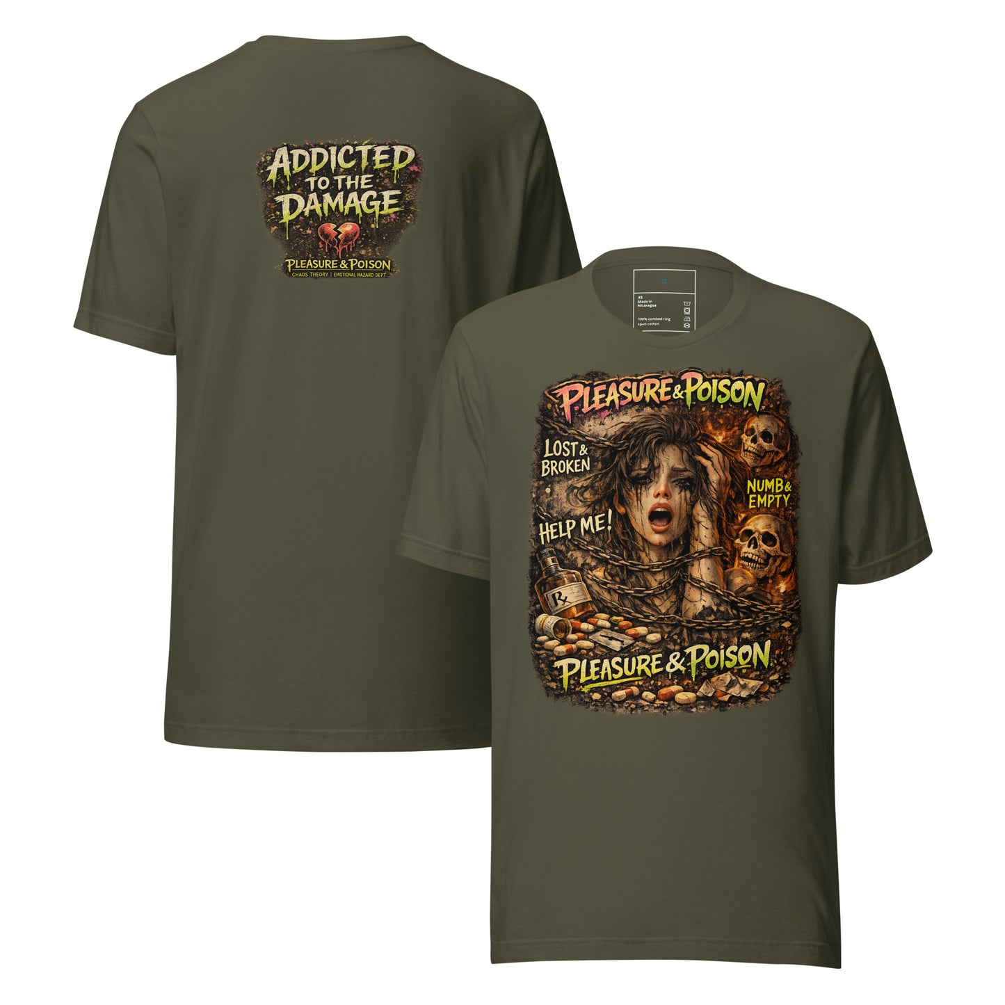 Pleasure & Poison T-Shirt black Chaos Theøry mental health graphic tee with addiction and toxic coping artwork