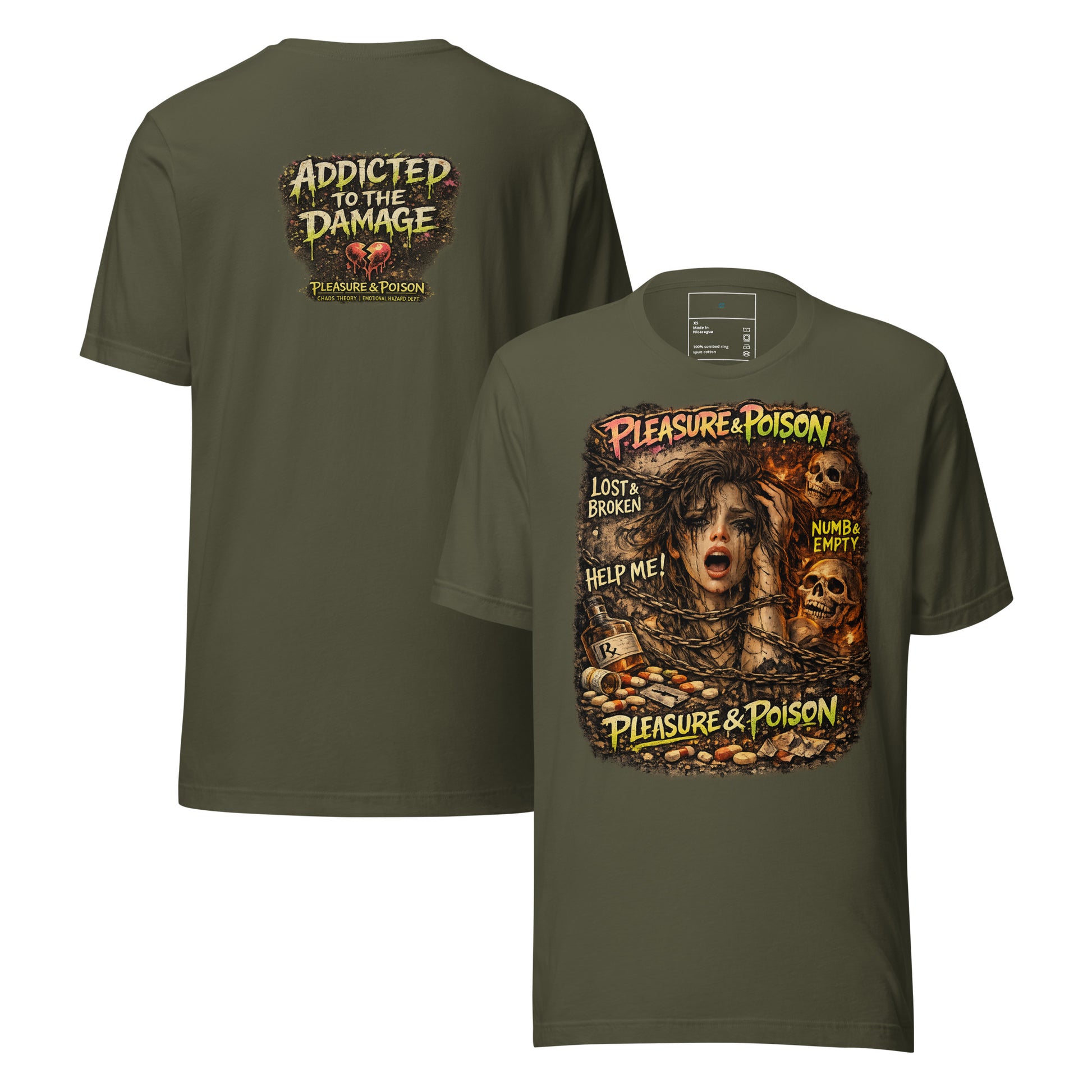 Pleasure & Poison T-Shirt black Chaos Theøry mental health graphic tee with addiction and toxic coping artwork
