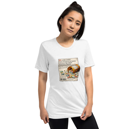 Model wearing white Running on Low Spoons Prescription Tee with vintage prescription label and spoon theory artwork