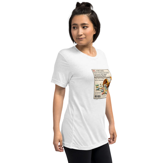 Angled view of white Running on Low Spoons Prescription Tee with mental health spoon theory graphic