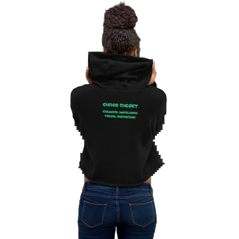 Model wearing Chaos Skull Cropped Fleece Hoodie with black women’s streetwear styling and Chaos Theøry artwork